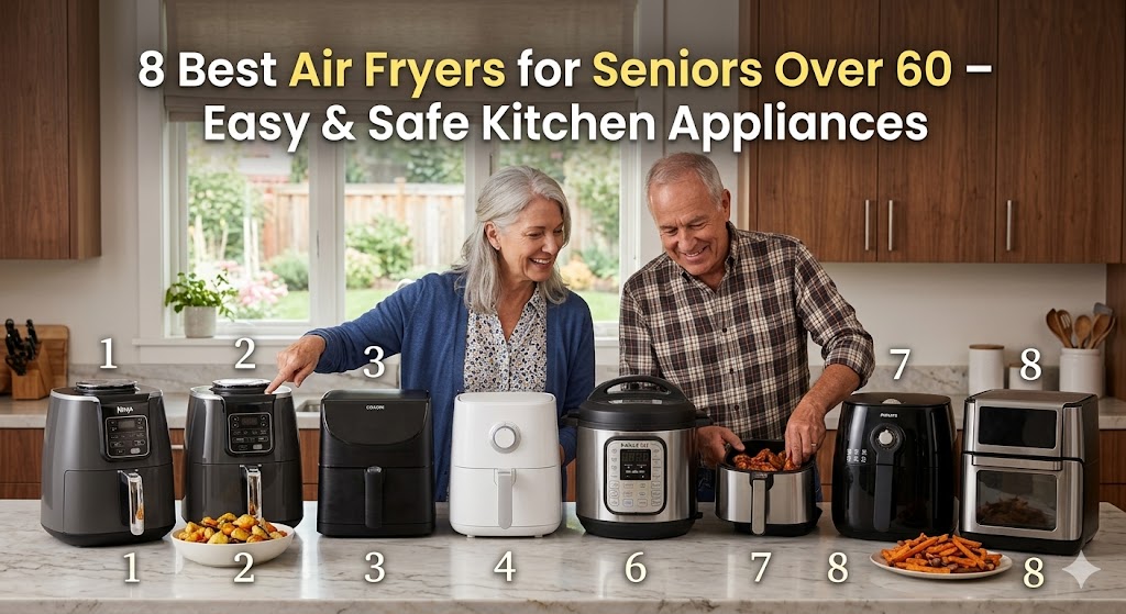 A collection of the 8 best air fryers for seniors over 60, featuring easy-to-use controls, large digital displays, and safe designs for convenient, healthy home cooking.