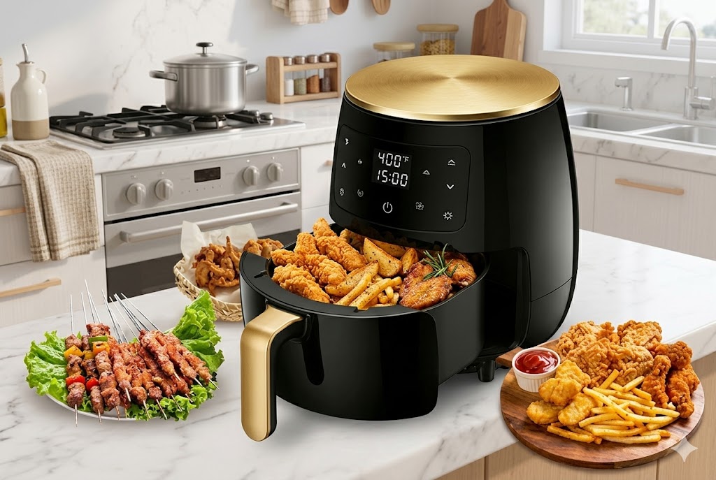 Air fryer in a home kitchen preparing crispy, healthy meals with little or no oil
